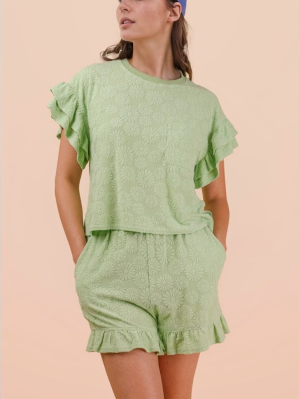 Floral Textured Ruffled Knit Top & Shorts Set